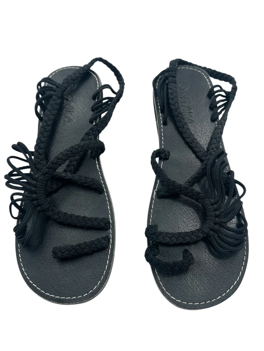 Plaka Palm Leaf Black Strappy Flat Sandals Women's Size 10